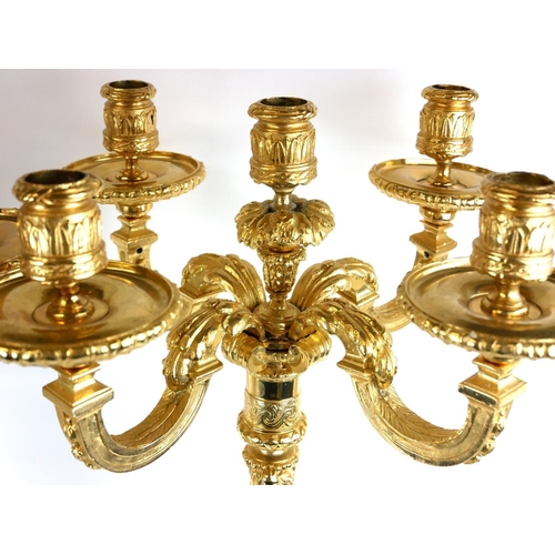 442 - A PAIR OF HEAVY CLASSICAL DESIGN GILT BRONZE FIVE BRANCH CANDELABRA
Figured with semi clad maidens a... 