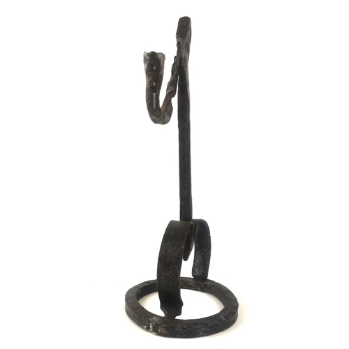 455 - A SUBSTANTIAL ANTIQUE WROUGHT IRON RUSHLIGHT
Square column, two splayed legs, on circular base.
(36c... 