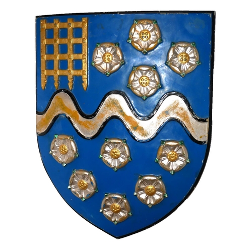 466 - A MID 20TH CENTURY CAST ALUMINIUM AND ENAMEL SHIELD
Bearing the coat of arms for Teddington.
(38cm x... 