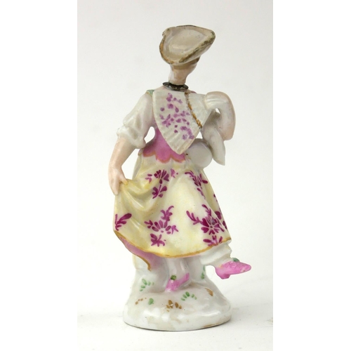 479 - A 19TH CENTURY CONTINENTAL PORCELAIN MINIATURE FIGURAL SCENT BOTTLE
Maiden wearing period attire, wi... 