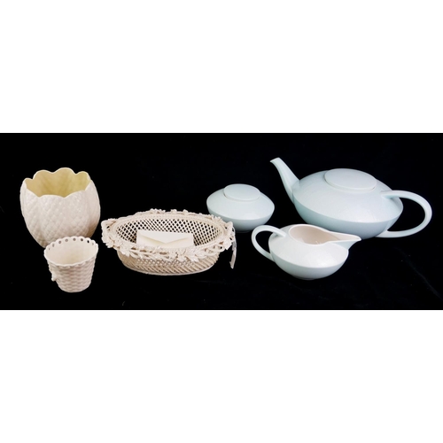 487 - BELLEEK, A COLLECTION OF THREE 20TH CENTURY IRISH PORCELAIN ITEMS
Comprising a basket with floral de... 