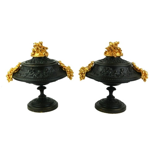 493 - A PAIR OF BRONZE ORMOLU TAZZA DISHES
Classical form with floral ormolu finial and twin handles, embo... 