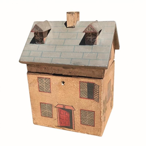 498 - A CARVED WOODEN NOVELTY 'HOUSE' TEA CADDY
Nieve form with hinged lid and lock. 
(approx 23cm x 16cm)