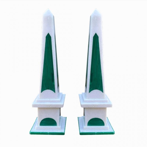 503 - A PAIR OF HEAVY MARBLE AND MALACHITE NEOCLASSICAL STYLE OBELISKS.