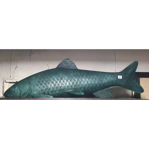 527 - A LARGE CAST BRONZE GREEN PATINATED MODEL OF A FISH.
(length 101cm x h 36cm - middle section)