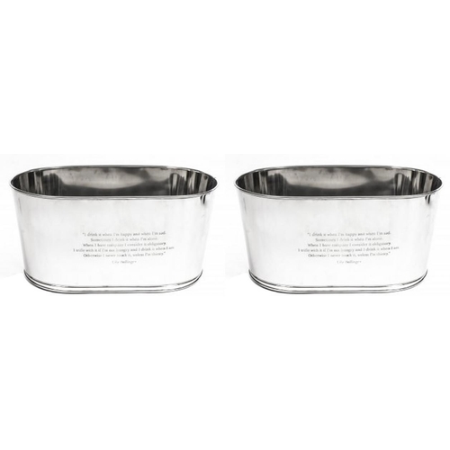 530 - A LARGE PAIR OF STAINLESS STEEL OVAL CHAMPAGNE BUCKET
Engraved with a coat of arms and the motto, I ... 