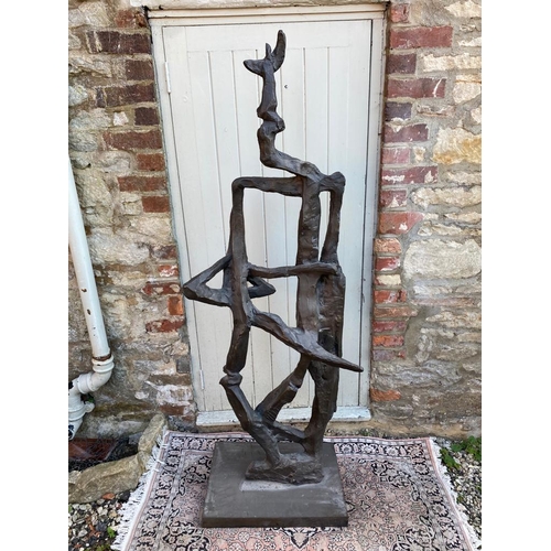 549 - A LARGE MID 20TH CENTURY CAST BRONZE ABSTRACT SCULPTURE ON STAND.
(h 170cm)