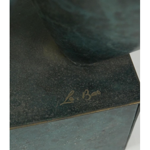 553 - A MODERN BRONZE FIGURAL ABSTRACT SCULPTURE 
On a rectangular base.
(h 46cm x base 19.5cm x 12cm)