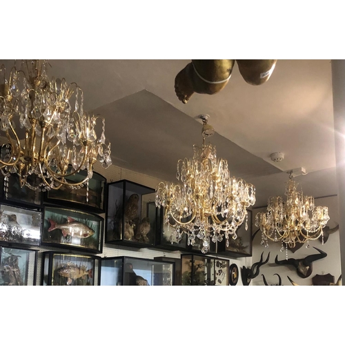 569 - A SET OF THREE GILT METAL AND CRYSTAL EIGHT BRANCH CHANDELIERS. 
(75cm)

Condition: some prisms miss... 