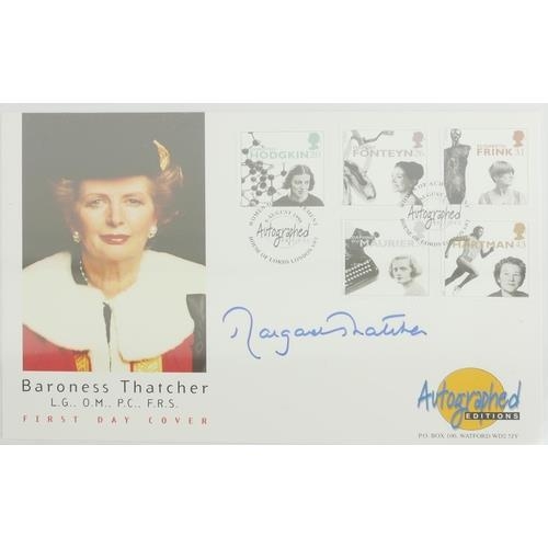 574 - MARGARET THATCHER, TWO HAND SIGNED FIRST DAY COVER STAMPS
Issued by autographed editions, Women of A... 