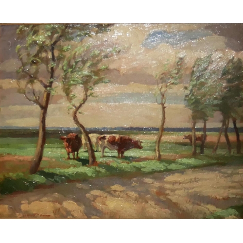 610 - WILFRED STANLEY PETTITT, 1904 - 1978, OIL ON BOARD 
Landscape, cows in a water meadow, signed lower ... 