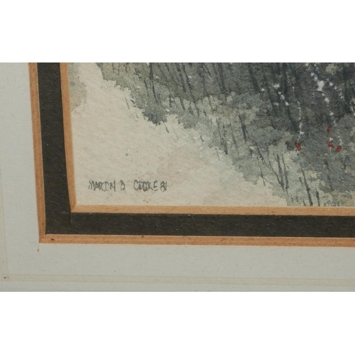 613 - MARTIN B. COOKE, BN BELFAST 1951, WATERCOLOUR 
Titled 'Silver Birches', winter landscape, tall trees... 