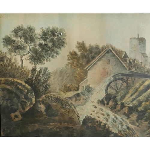 615 - AN 18TH CENTURY WATERCOLOUR, LANDSCAPE, RUSTIC WATERMILL WITH STREAM
Bearing label verso 'No 16 Bott... 