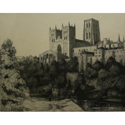 619 - MARGARET RUDGE, 1885 - 1972, A BLACK AND WHITE ARCHITECTURAL ENGRAVING
View of Durham Cathedral and ... 