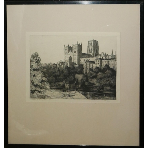 619 - MARGARET RUDGE, 1885 - 1972, A BLACK AND WHITE ARCHITECTURAL ENGRAVING
View of Durham Cathedral and ... 