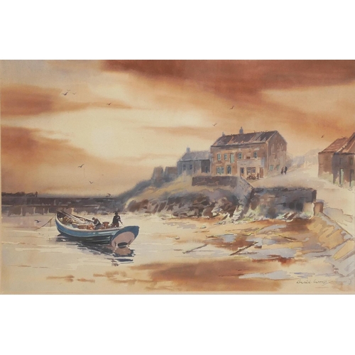 620 - RONALD LAMBERT MOORE, 1927 - 1992, WATERCOLOUR
Titled 'Craster', landscape, coastal view with a soli... 