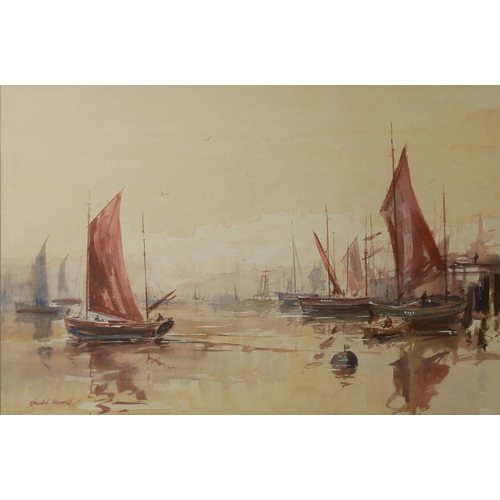 621 - RONALD LAMBERT MOORE, 1927 - 1992, WATERCOLOUR
Titled 'Whitby', landscape, coastal view of sailboats... 