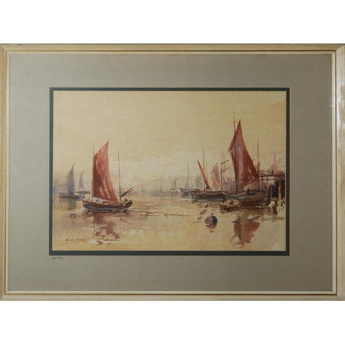 621 - RONALD LAMBERT MOORE, 1927 - 1992, WATERCOLOUR
Titled 'Whitby', landscape, coastal view of sailboats... 