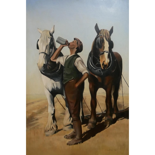 624 - A.B. WHITMORE, A LATE 20TH CENTURY OIL ON ARTIST BOARD
Equestrian study, titled 'And Now to Plough',... 