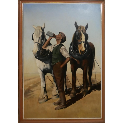 624 - A.B. WHITMORE, A LATE 20TH CENTURY OIL ON ARTIST BOARD
Equestrian study, titled 'And Now to Plough',... 