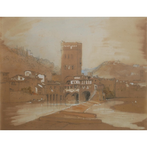 626 - A 19TH CENTURY ITALIAN WATERCOLOUR
Riverside landscape, with building, mounted, framed and glazed.
(... 