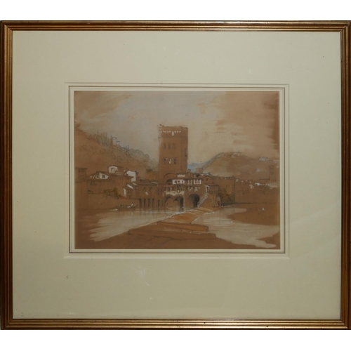 626 - A 19TH CENTURY ITALIAN WATERCOLOUR
Riverside landscape, with building, mounted, framed and glazed.
(... 