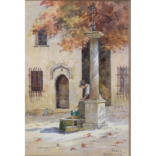 627 - M.H. MEYRECK, AN EARLY 20TH CENTURY WATERCOLOUR LANDSCAPE
Female figure at a water fountain, Signed ... 