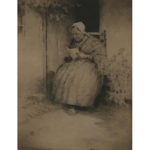 630 - PERCY LANCASTER, 1878 - 1951, A BLACK AND WHITE ETCHING
An old lady reading a letter, monogrammed in... 