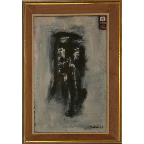 633 - HADLOW, A MID 20TH CENTURY OIL ON BOARD ABSTRACT
Shadowy figure, signed lower right, dated 1959, in ... 