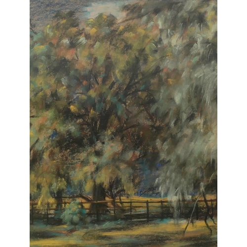 639 - ANTHONY DAY, A 20TH CENTURY PASTEL ON PAPER
Titled 'Trees at Mandgingley', landscape, tall trees wit... 