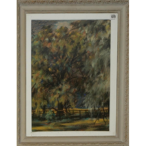 639 - ANTHONY DAY, A 20TH CENTURY PASTEL ON PAPER
Titled 'Trees at Mandgingley', landscape, tall trees wit... 