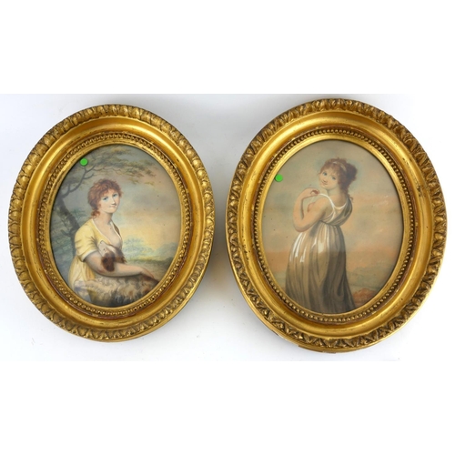 640 - A PAIR OF EARLY 19TH CENTURY BRITISH SCHOOL OVAL WATERCOLOUR PORTRAIT MINIATURES
Young lady in a lan... 