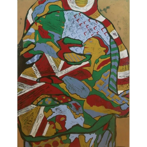 642 - ED TAYLOR, A MIXED MEDIA ABSTRACT PORTRAIT
Reclining figure on red, green and gold ground, together ... 