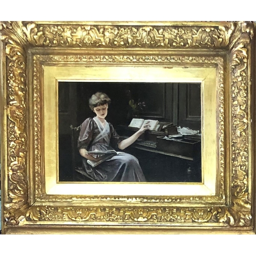 646 - A FINE 19TH CENTURY OIL ON CANVAS, LADY SEATED BY A PIANO 
In a heavy decorative gilt frame.
(45cm x... 