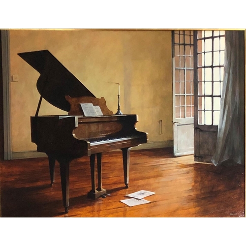 647 - RON BONE, 1950 - 2011, A FINE ACRYLIC ON BOARD
Interior scene with grand piano, tilted 'Summer Breez... 