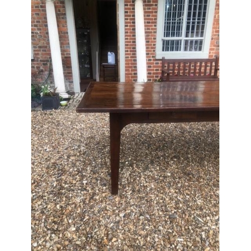 720 - AN 18TH/19TH CENTURY FRENCH FRUITWOOD REFECTORY TABLE
The four plank top above four drawers, raised ... 