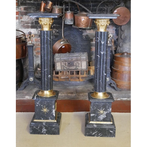 721 - A PAIR OF REGENCY DESIGN BLACK MARBLE AND GILT METAL JARDINIÈRE STANDS.
(27cm x 27cm x 102cm)