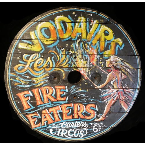 723 - VODAIRS LES FIRE EATERS, A PAINTED FAIRGROUND ROUNDEL.
(diameter 82cm)