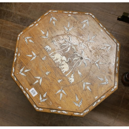 744 - AN INDIAN BONE INLAID OCCASIONAL TABLE 
With scenes of elephants and birds on a tree lined path, on ... 