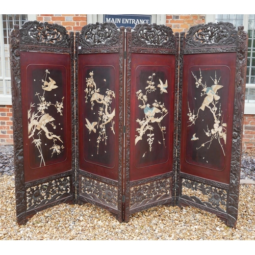 764 - A 19TH CENTURY JAPANESE SHIBAYAMA AND LACQUERED FOUR FOLD SCREEN
The pierced carved upper and lower ... 