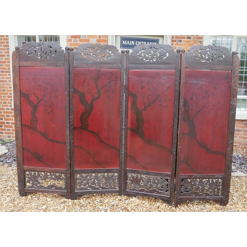 764 - A 19TH CENTURY JAPANESE SHIBAYAMA AND LACQUERED FOUR FOLD SCREEN
The pierced carved upper and lower ... 