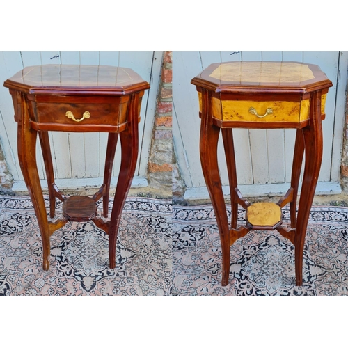 794 - A PAIR OF CONTINENTAL LACQUERED WALNUT AND MAHOGANY SIDE TABLES
The hexagonal top above a single dra... 