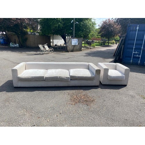 814 - A LARGE CONTEMPORARY CREAM VELVET UPHOLSTERED THREE SEATER SETTEE
Along with matching armchair.
(280... 