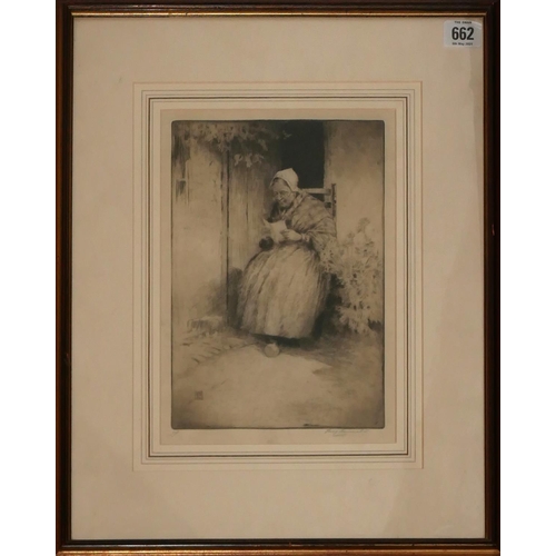 478 - PERCY LANCASTER, 1878 - 1951, A BLACK AND WHITE ETCHING
An old lady reading a letter, monogrammed in... 