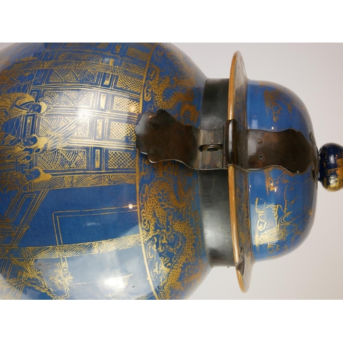 403 - A PAIR OF LARGE 18TH CENTURY CHINESE KANGXI PERIOD ORIFORM VASES AND COVERS
Powder blue body, metal ... 