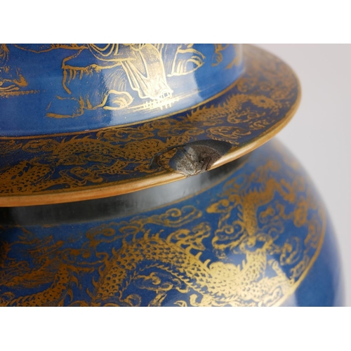 403 - A PAIR OF LARGE 18TH CENTURY CHINESE KANGXI PERIOD ORIFORM VASES AND COVERS
Powder blue body, metal ... 