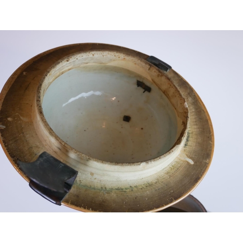 403 - A PAIR OF LARGE 18TH CENTURY CHINESE KANGXI PERIOD ORIFORM VASES AND COVERS
Powder blue body, metal ... 