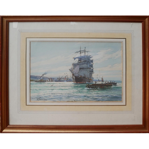 452 - WILFRED KNOX, 1884 - 1966, PSEUDONYM A.D. BELL, WATERCOLOUR
Clipper entering a harbour, dated 1948, ... 