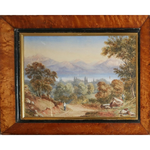 533 - AN 18TH CENTURY WATERCOLOR, LANDSCAPE
A solitary figure on a lakeside path with onlookers, bearing l... 