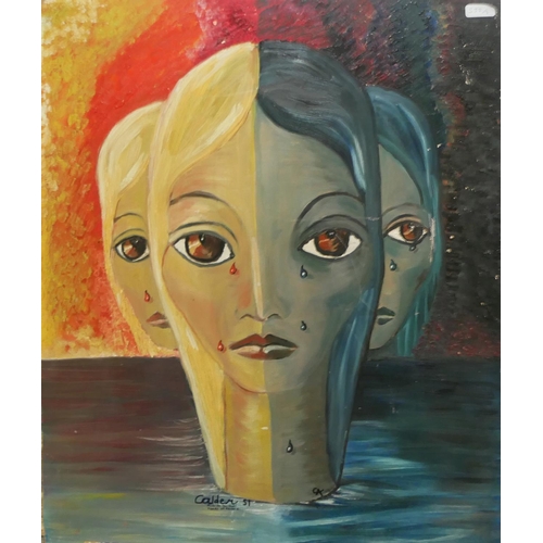 535 - AN OIL ON CANVAS STILL LIFE, BLUE VASE WITH LEMONS
Indistinctly signed lower right, together with tw... 